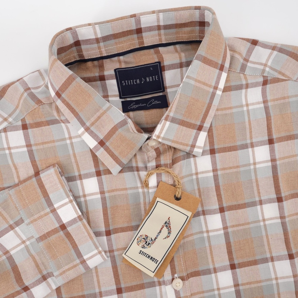NEW Stitch Note Plaid Egyptian Cotton Button Down Tan Long Sleeve Mens Large